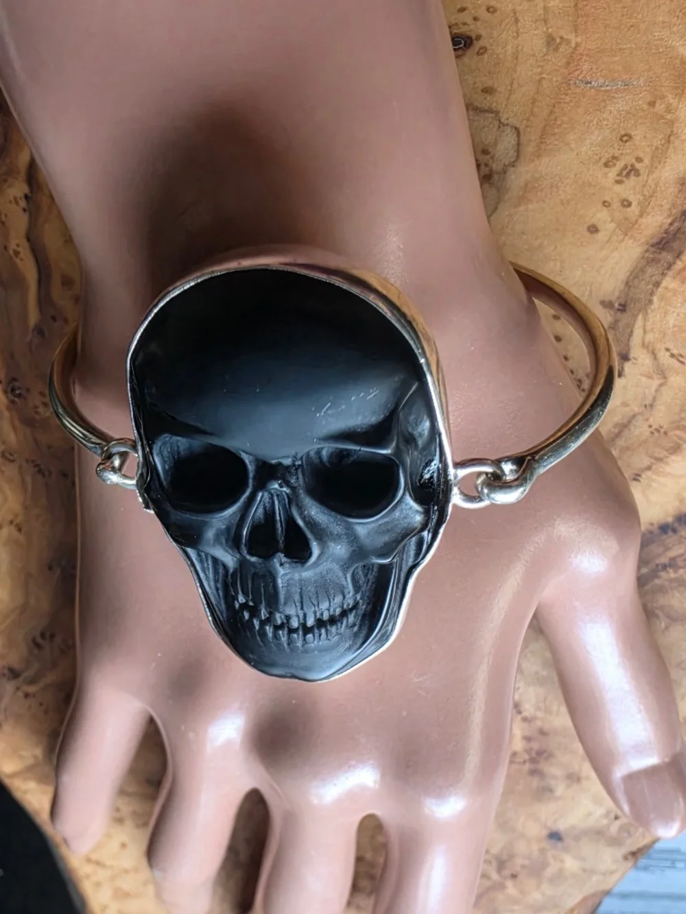 Obsidian & Fine Silver Skull Bangle
